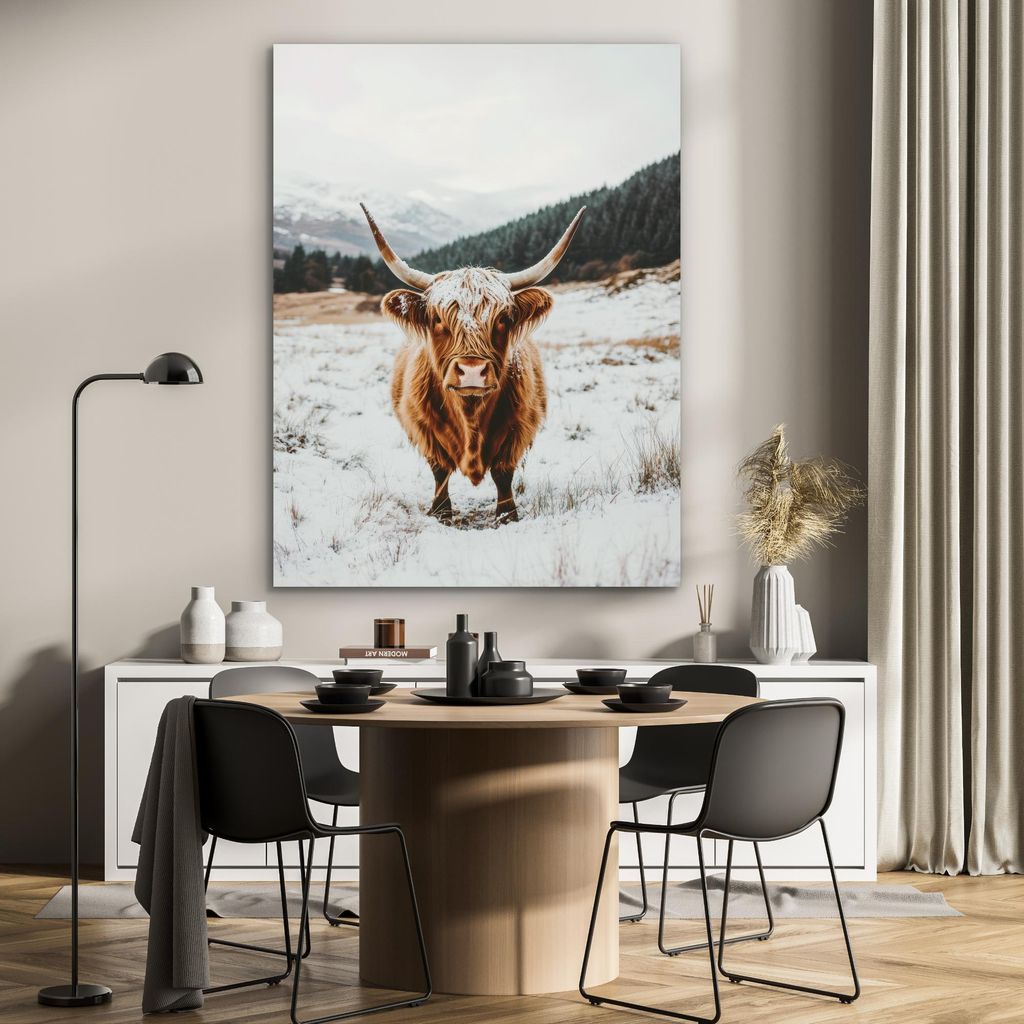 MuchoWow Wanddekoration Metall Metallbild Wandkunst 90x120 cm Schottische Hochlandrind - Landschaft - Schnee - Berge - Winter MuchoWow Aluminium Ge...