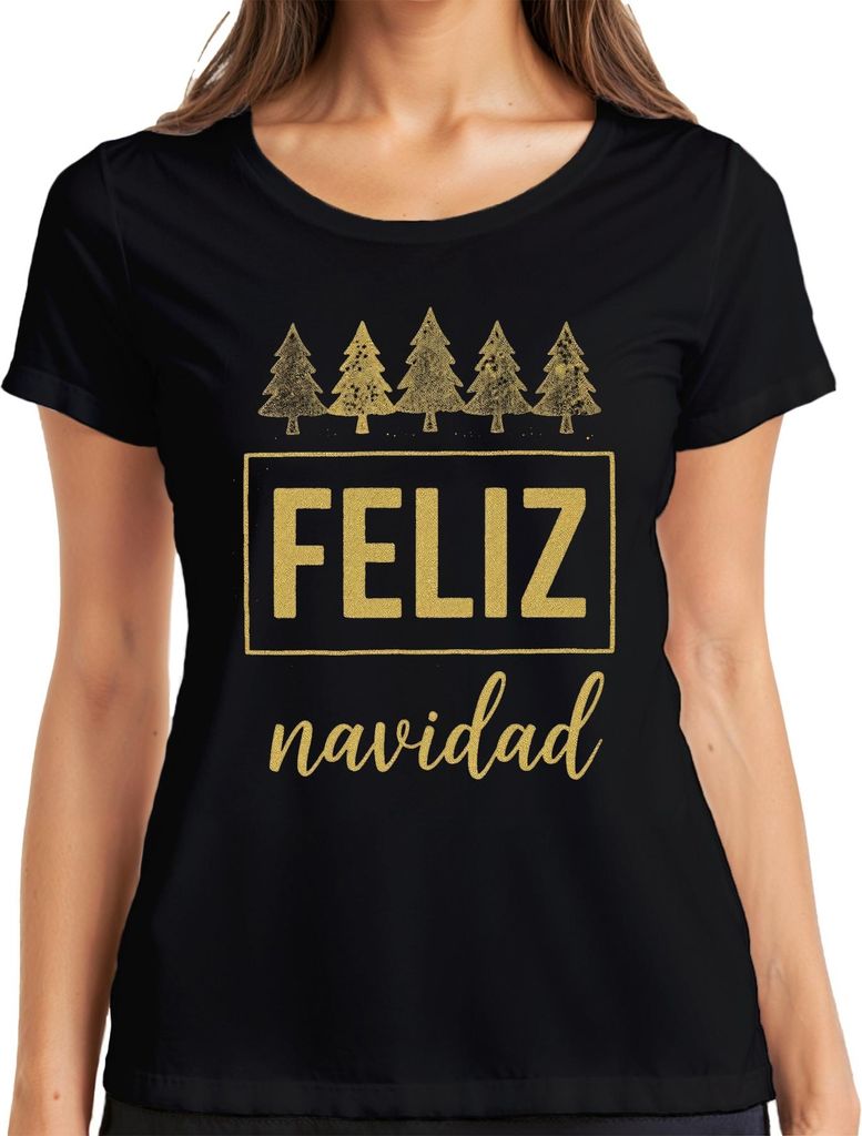 FELIZ navidad Weihnachten Weihnachtsbaum Gold Glitzer Geschenk Damen T-Shirt, Schwarz, 3XL