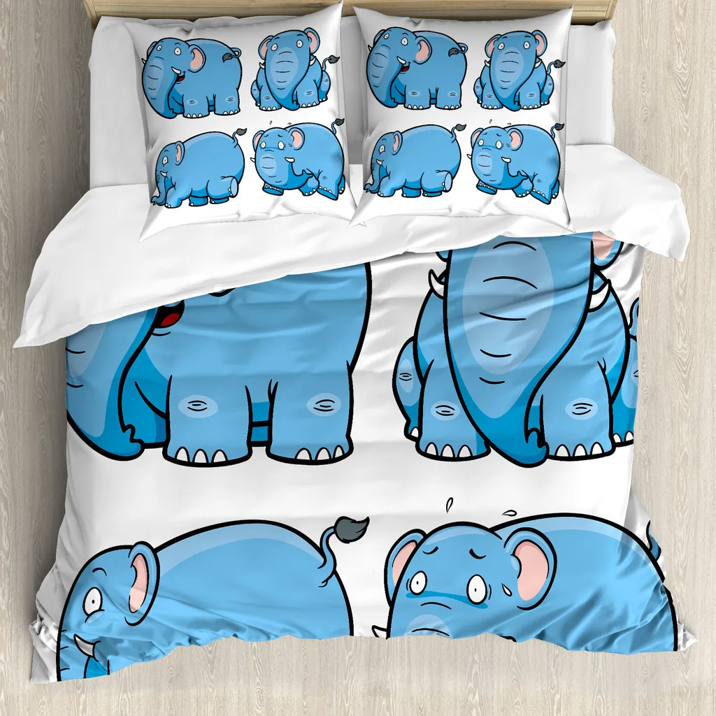 ABAKUHAUS Copripiumino per animali domestici, elefanti cartoon, antiacaro, adatto a chi soffre di allergie, con federe, 200 cm x 200 cm - 80 x 80 cm, azzurro e bianco