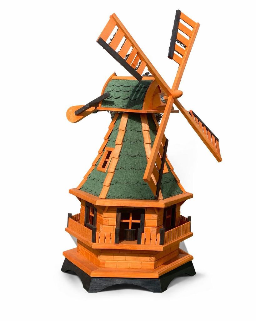 Deko-Windrad XL Gartenwindmühle Holz 130 cm mit Solar LED weiß drehbar Dachfarbe Grün