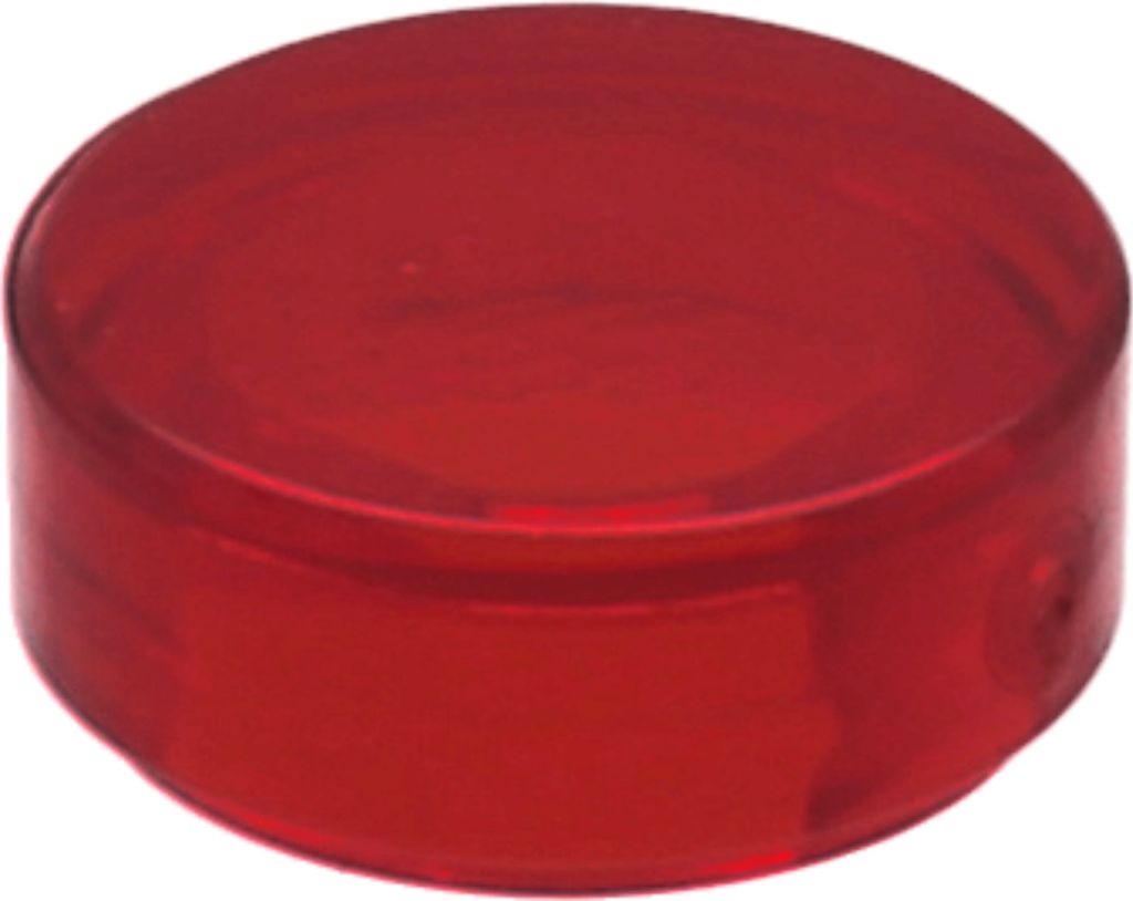 A single, transparent red round tile, likely a LEGO piece, is shown against a white background.