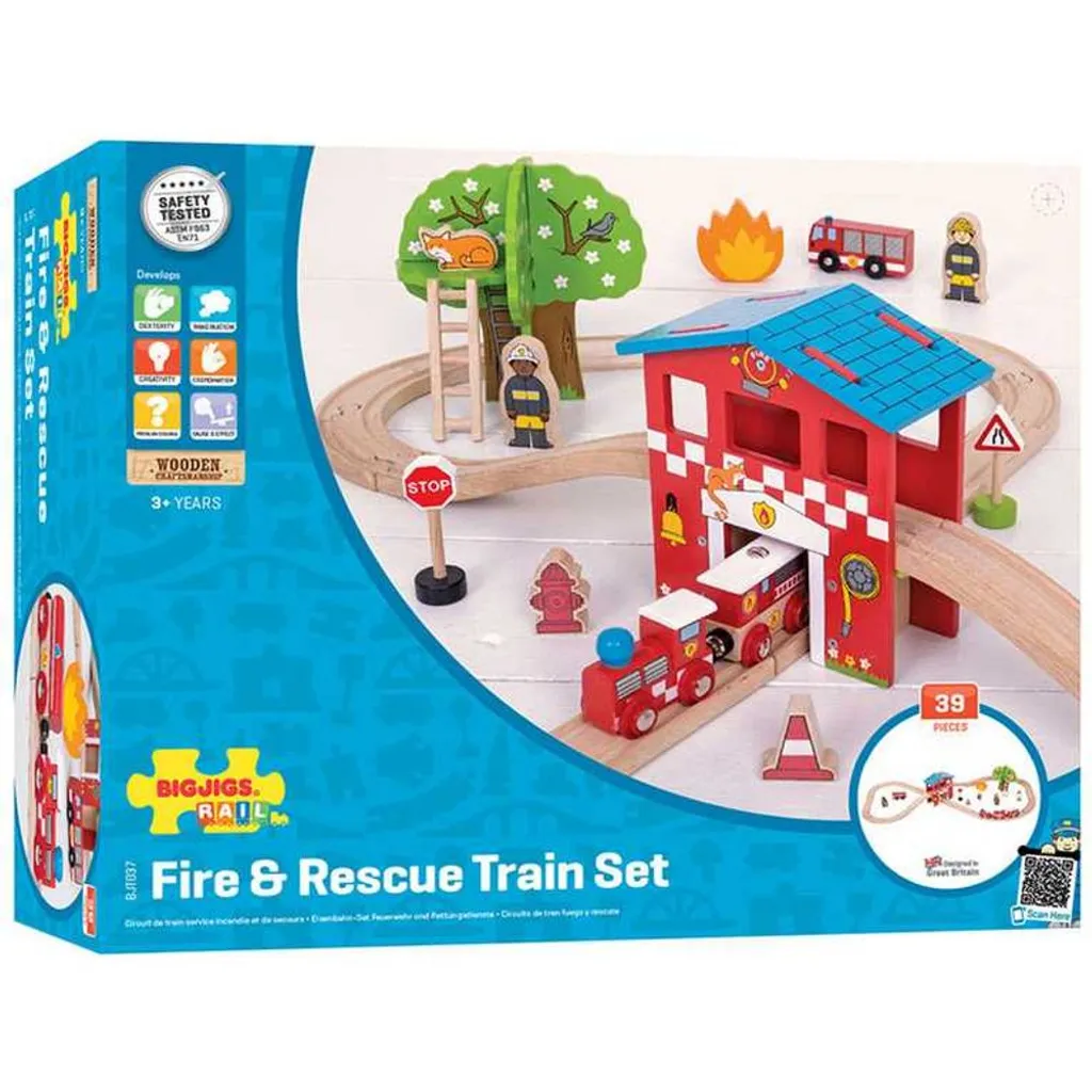 Chemin de fer en bois caserne de pompiers avec train et accessoires