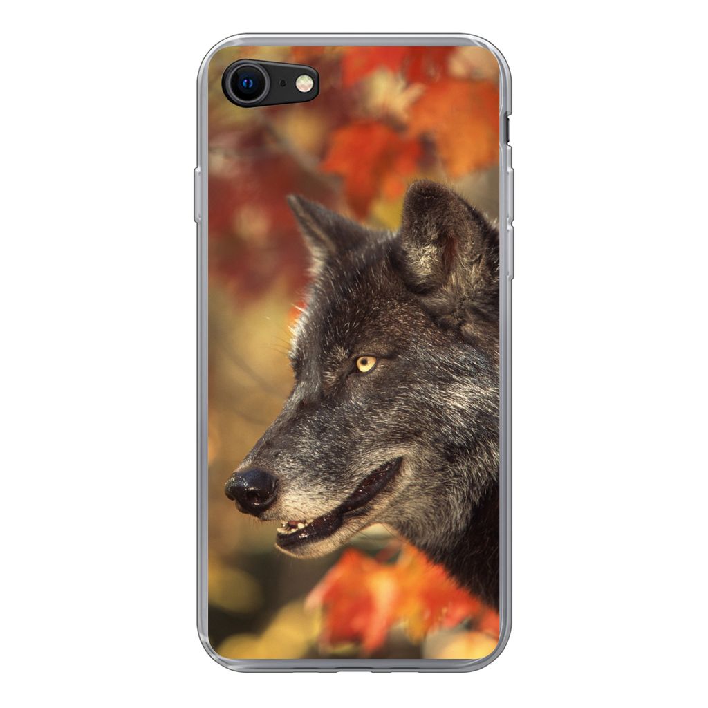 MuchoWow Handyhülle Schutzhülle Hülle für iPhone SE 2020 Wolf - Nahaufnahme - Blätter Silikon Softcase Handy Hülle - Kartenbesitzer