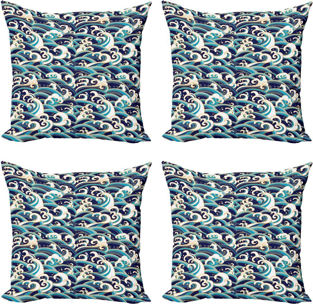 ABAKUHAUS Nautisch Kissenbezug Set (4 Stück), Ozean-Wellen-Muster, Moderner Doppelseitiger Digitaldruck, 40 cm x 40 cm, Blau und weiß