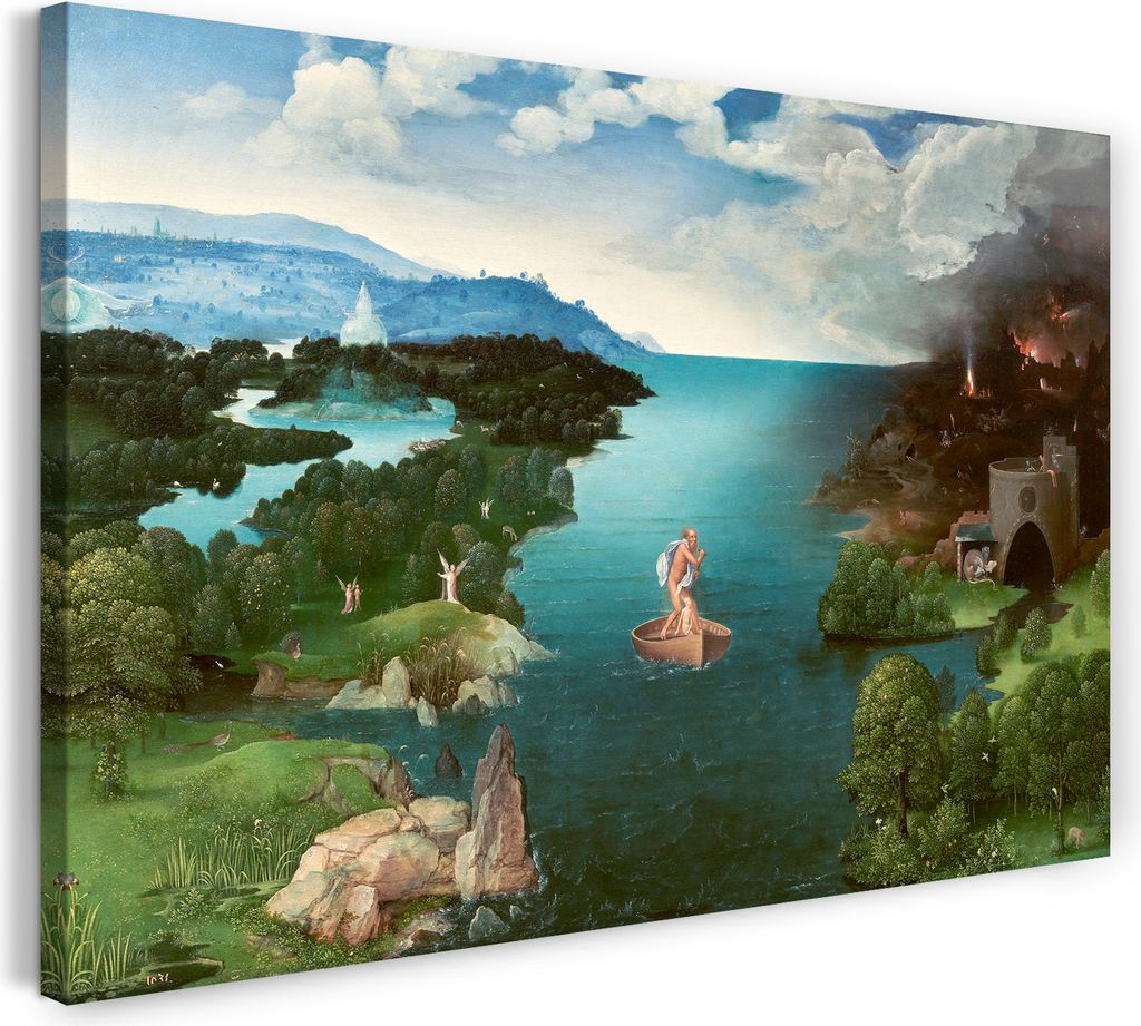 Leinwandbild (60x40cm): Joachim Patinir - Landschafts-Malerei Crossing the Styx, echter Holz-Keilrahmen inkl. Aufhänger, handgefertigt in Deutschland