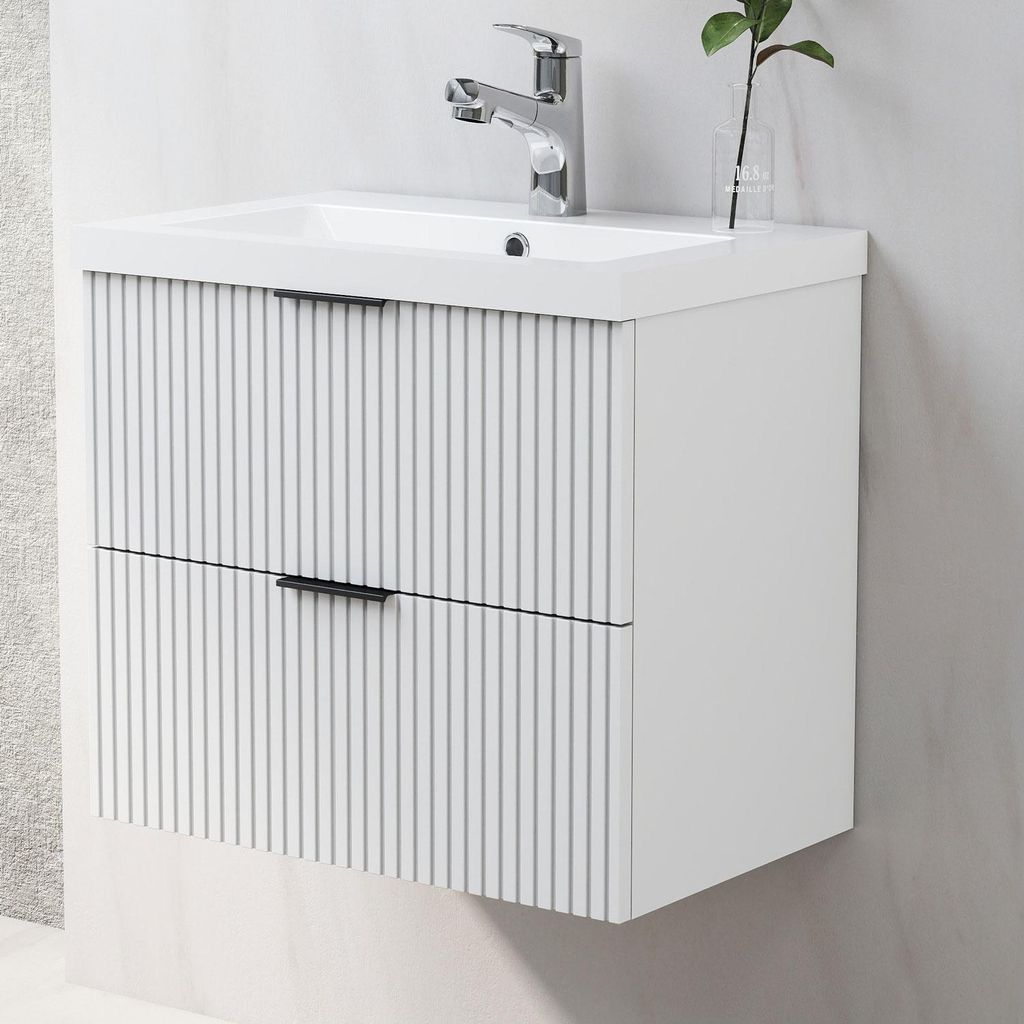 Waschtisch mit Unterschrank 60cm RIVA Badmöbel Set Weiß Waschbecken mit Unterschrank MDF Softclose