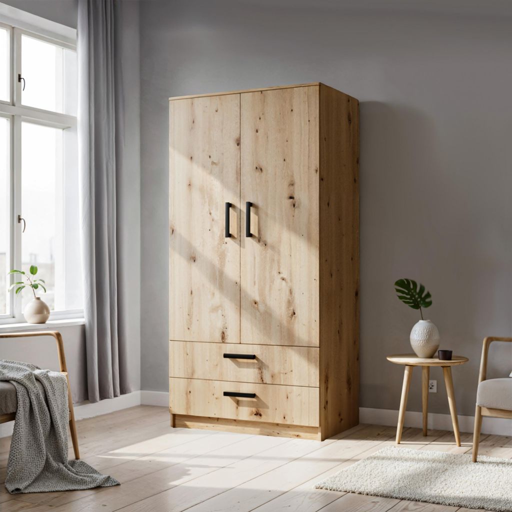 Masseno Drehtürenschrank DOVI 90/180/50 cm 2-türig Schlafzimmer Schrank Kleiderschrank Eiche Artisan
