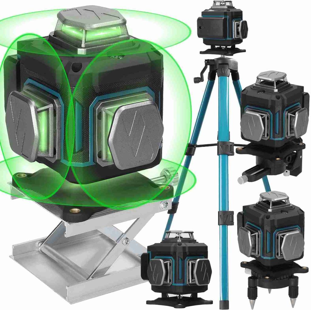 A collage of a 16-line laser level in various configurations and accessories.