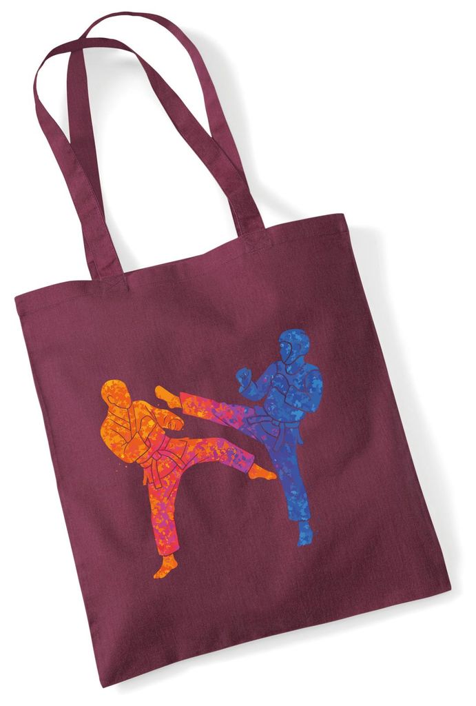 Huuraa Jutebeutel Taekwondo bunte Silhouette 10 Liter Burgundy Baumwolle Tasche Geschenkidee
