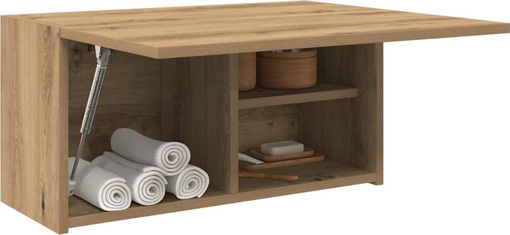 A bathroom wall cabinet with its top door open, showing towels and bathroom accessories inside.