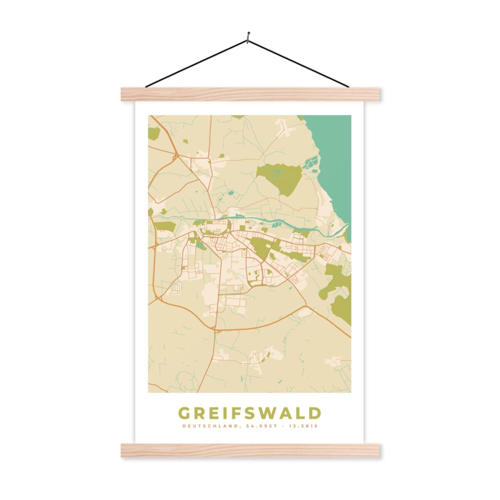 MuchoWow Textilposter Greifswald - Jahrgang - Karte - Stadtplan 40x60 cm mit holzfarbenen Rahmen - Poster