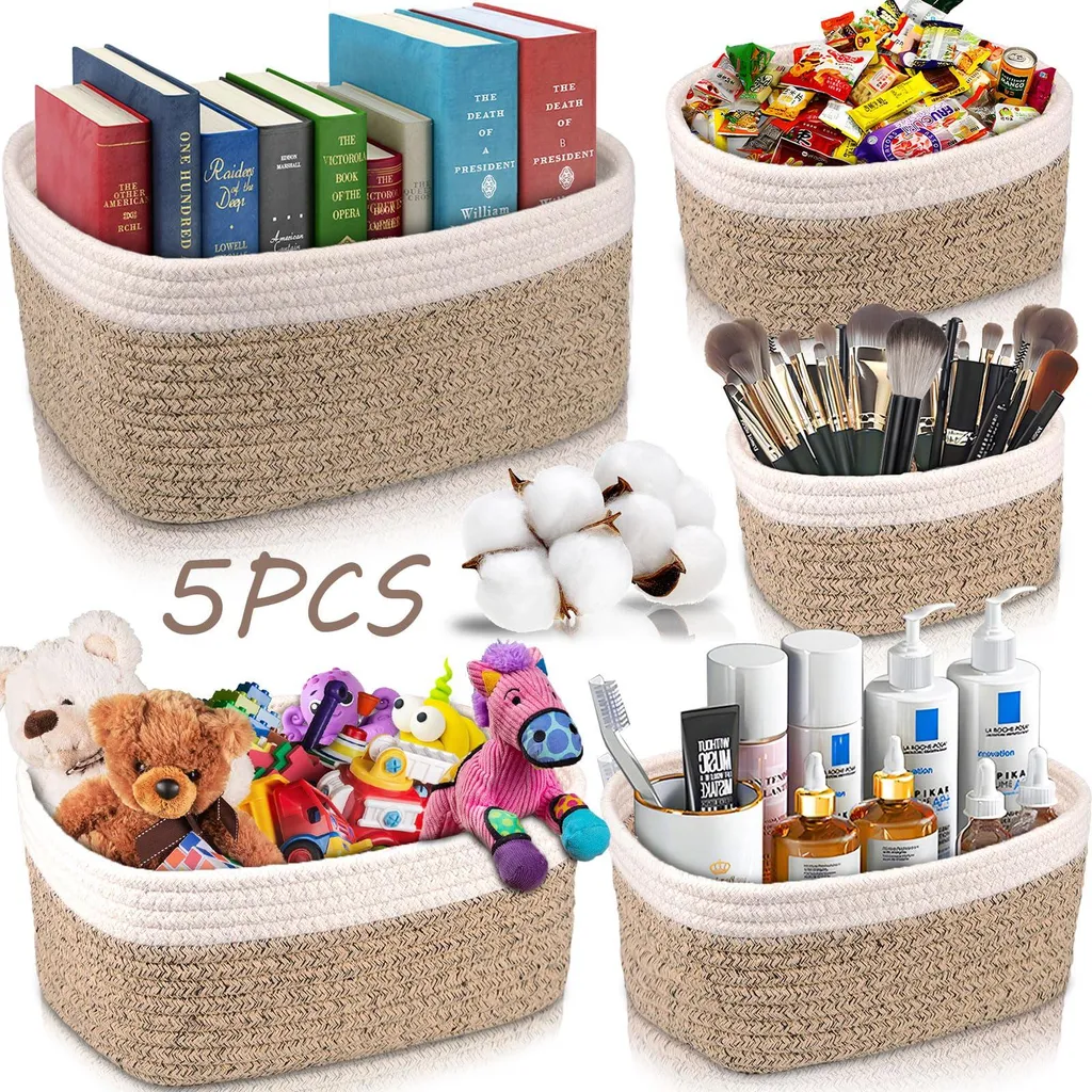 Lot de 5 paniers de rangement tressés en coton blanc et gris naturel