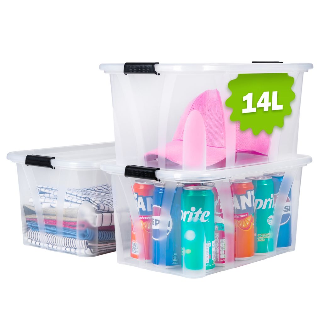 KONZEPT 14L Aufbewahrungsbox mit Deckel 3er Set, sicher verschlossen, lebensmittelecht, stapelbar, transparent, Plastikboxen, Boxen Aufbewahrung