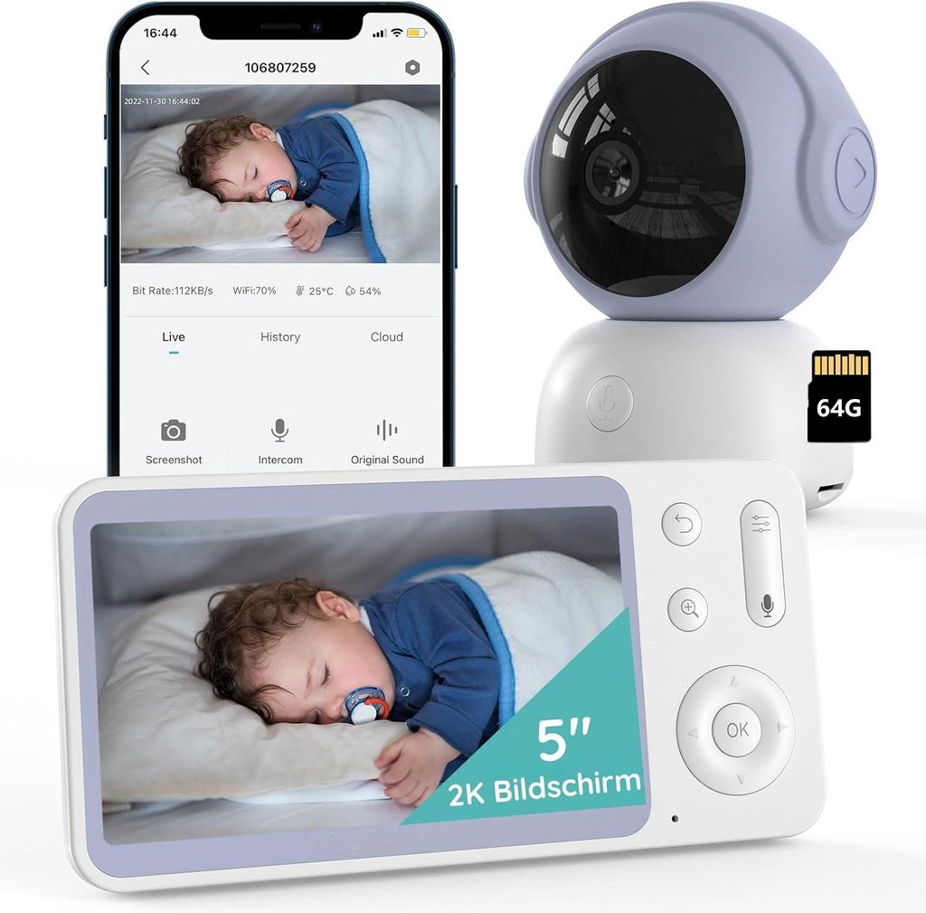 Babyphone mit Kamera und App 2K/3MP IR-Nachtsicht PTZ 360 Grad Bewegungsverfolgung Sichere Datenschutz 5" WLAN Video Babyfon mit APP mit 64G
