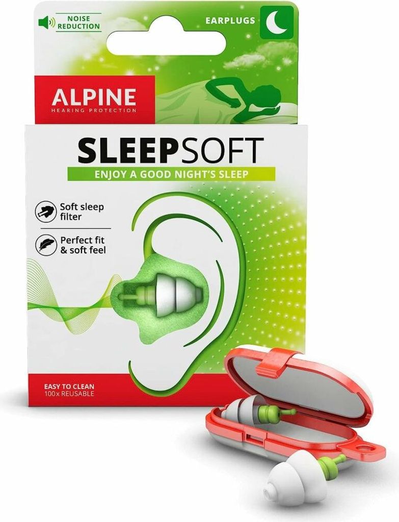 The image shows the packaging and a case for Alpine Sleepsoft earplugs.
