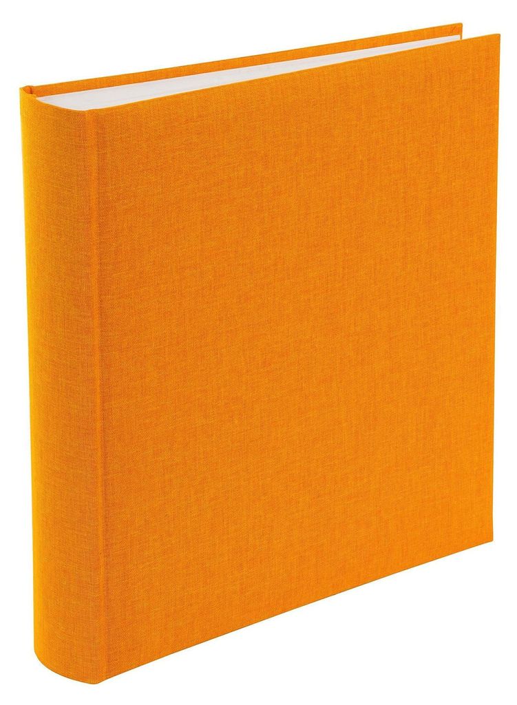 A closed orange photo album is shown from a slightly angled side view against a white background.