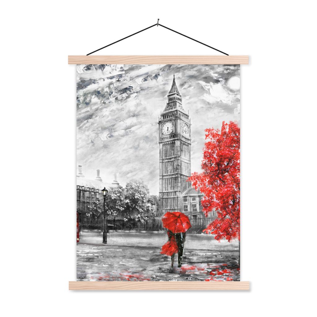 MuchoWow Textilposter Gemälde - Big Ben - Rot - Regenschirm 60x80 cm mit holzfarbenen Rahmen - Wandbild