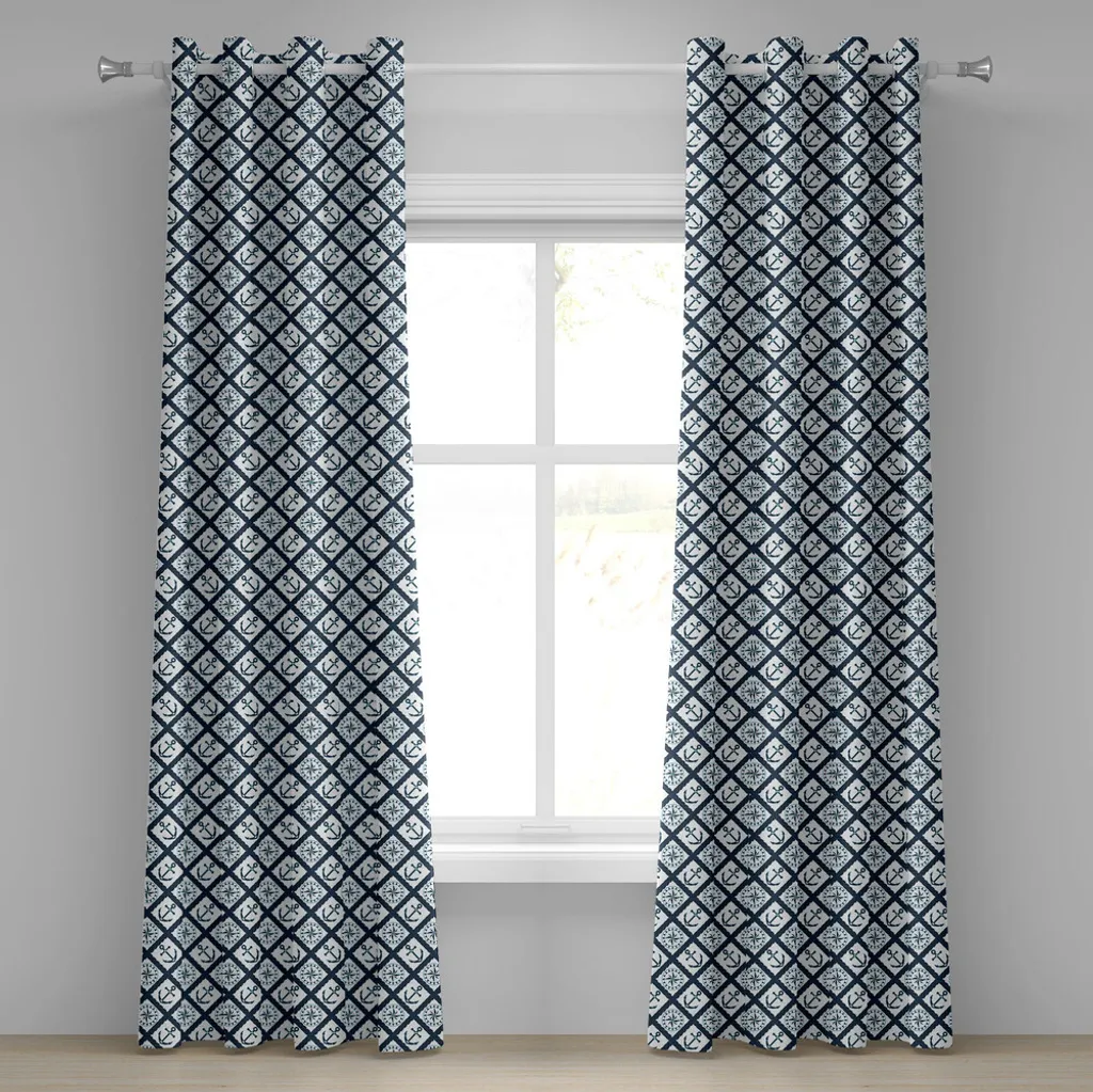 ABAKUHAUS Tenda con occhielli in stile marinaro, motivo nautico con ancora e rosa dei venti su corda che ricorda le avventure in mare, tende decorative a 2 pannelli per finestre, 280 cm x 245 cm, indaco bianco
