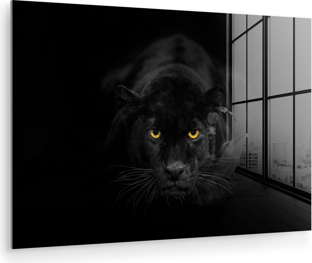 MuchoWow Glasbilder - Bilder auf Wandbild - Foto auf Glas Panther - Tiere - Schwarz - Augen 120x80 cm Wanddekoration aus Glas - Acrylglasbild - Acr...