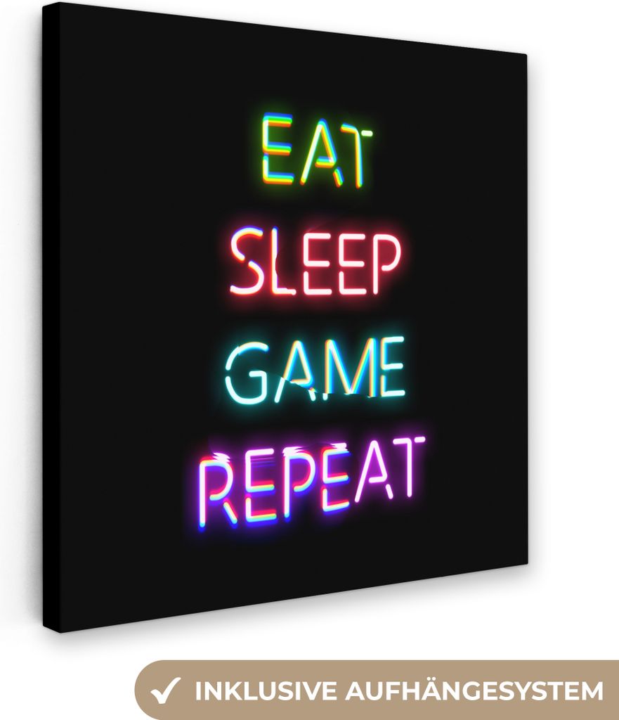 MuchoWow - Leinwandbilder - Gaming - Led - Zitat - Eat sleep game repeat - Gaming, Wandbild, Wanddeko Bilder Wohnzimmer, 20x20 cm