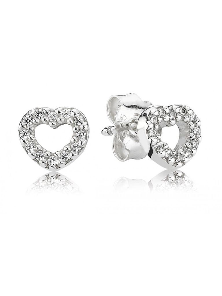 A pair of heart-shaped stud earrings with small stones.