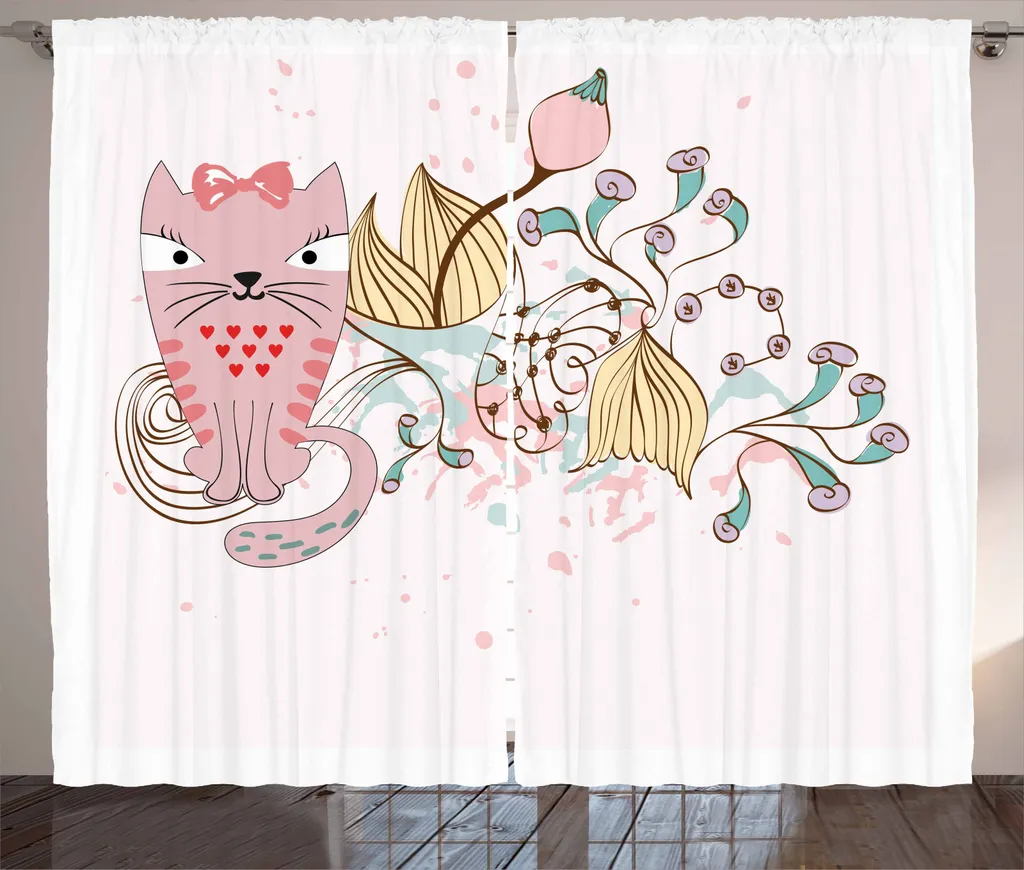 ABAKUHAUS Amanti dei gatti Tenda rustica, caricatura casa animali domestici fiori, soggiorno Nastro universale Tende con passanti e ganci, 280 x 245 cm, multicolore