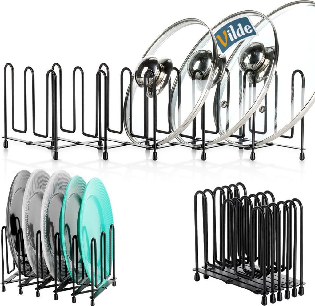 A product shot of kitchen organizers, including a pot lid rack, a plate rack, and a cutting board rack.