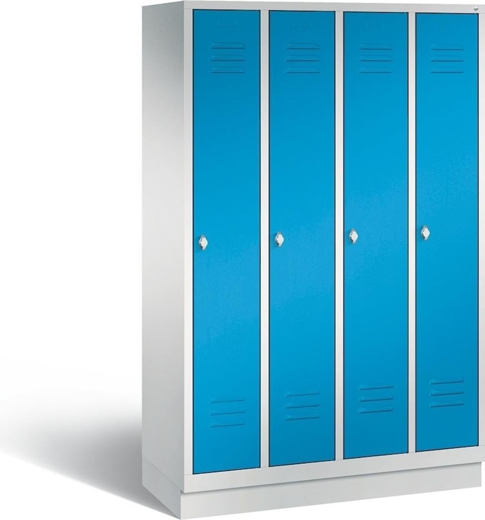 Garderobenschrank, einzeln verschließ. Abteil, BxTxH 1190x500x1800 mm, 4 Abteile, B 300 mm, Sockel, Drehriegel, RAL 7035/5012