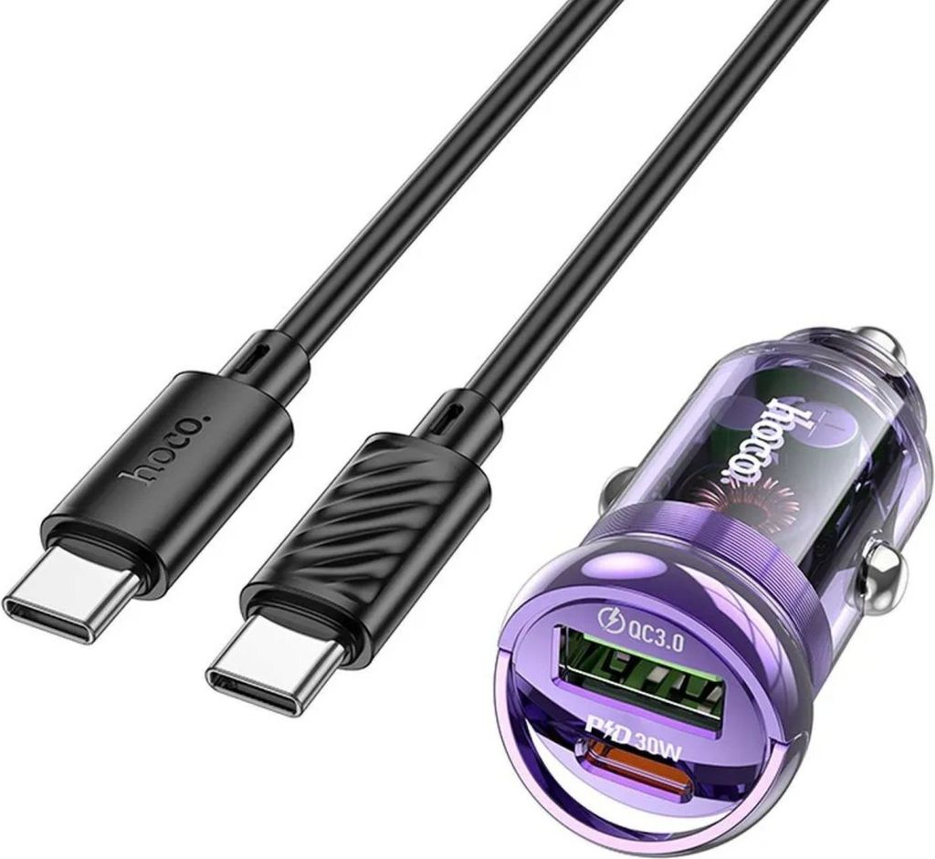 HOCO USB-Autoladegerät QC3.0 + Typ C + Kabel Typ C auf Typ C PD 30W Z53A lila