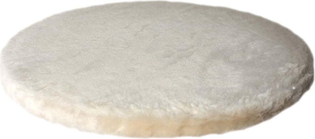 A round, plush cushion is shown from a slightly elevated angle against a white background.