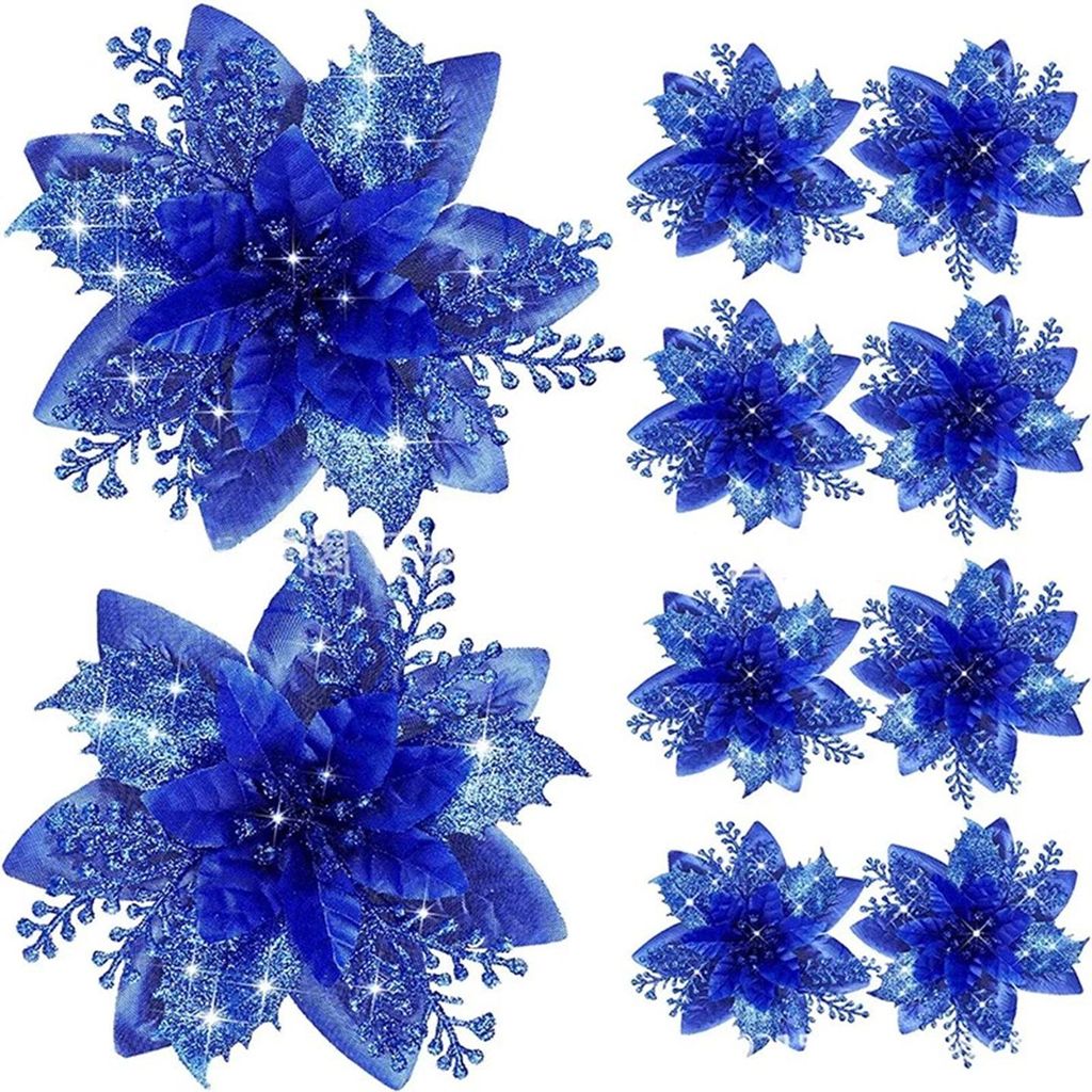 12 Stück glitzernde Weihnachtssterne, Weihnachtsschmuck mit Clips, Stielen, künstliche Blumen für Weihnachtsbaum, Hochzeit, Party, Kranzdekoration