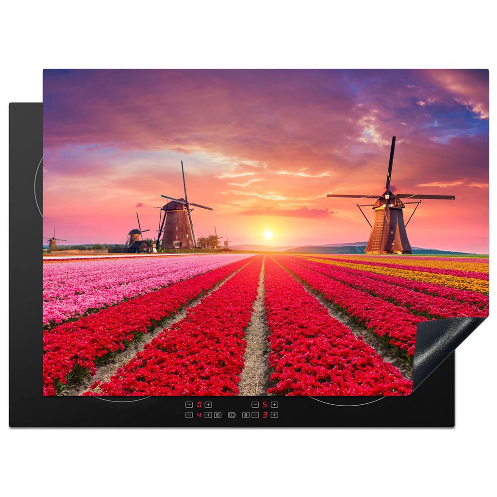 KitchenYeah Herdabdeckplatte Mühle - Blumen - Sonnenuntergang - Niederländisch , 70x52cm, Küche Deko, Glaskeramikkochfeld Herdabdeckung, Abdec...