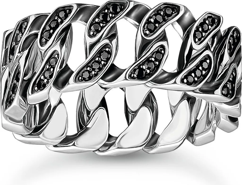 Bague large anneau maillons argent et pierres noires - Bijou de luxe