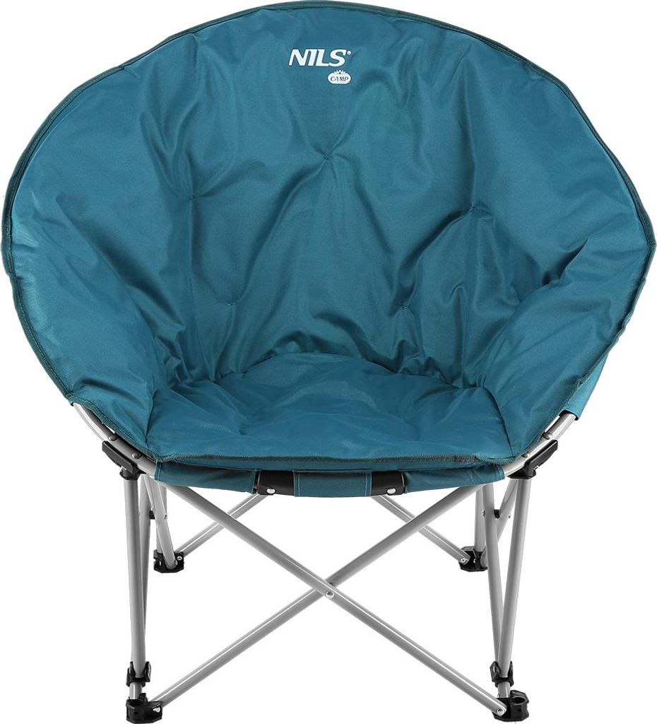 A teal camping chair with a silver metal frame is shown against a white background.