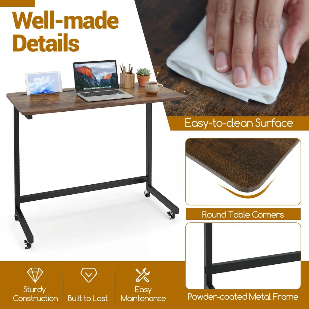 COSTWAY Table d'Appoint à Roulettes - Bureau PC Portable en Forme de C