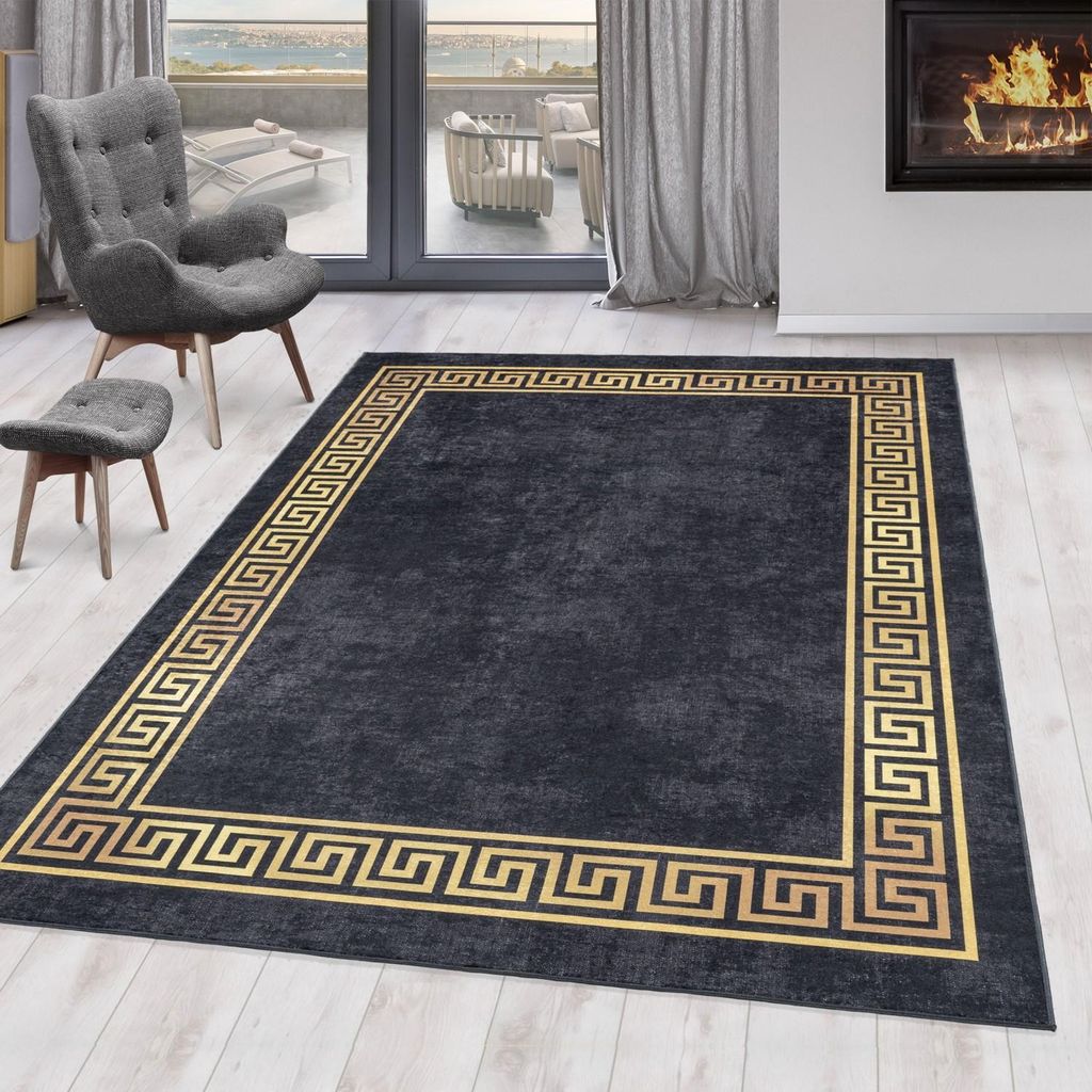 Orient Vintage Schwarz-Gold Maschinenwaschbarer, rutschfester Teppich 80 x 250 cm