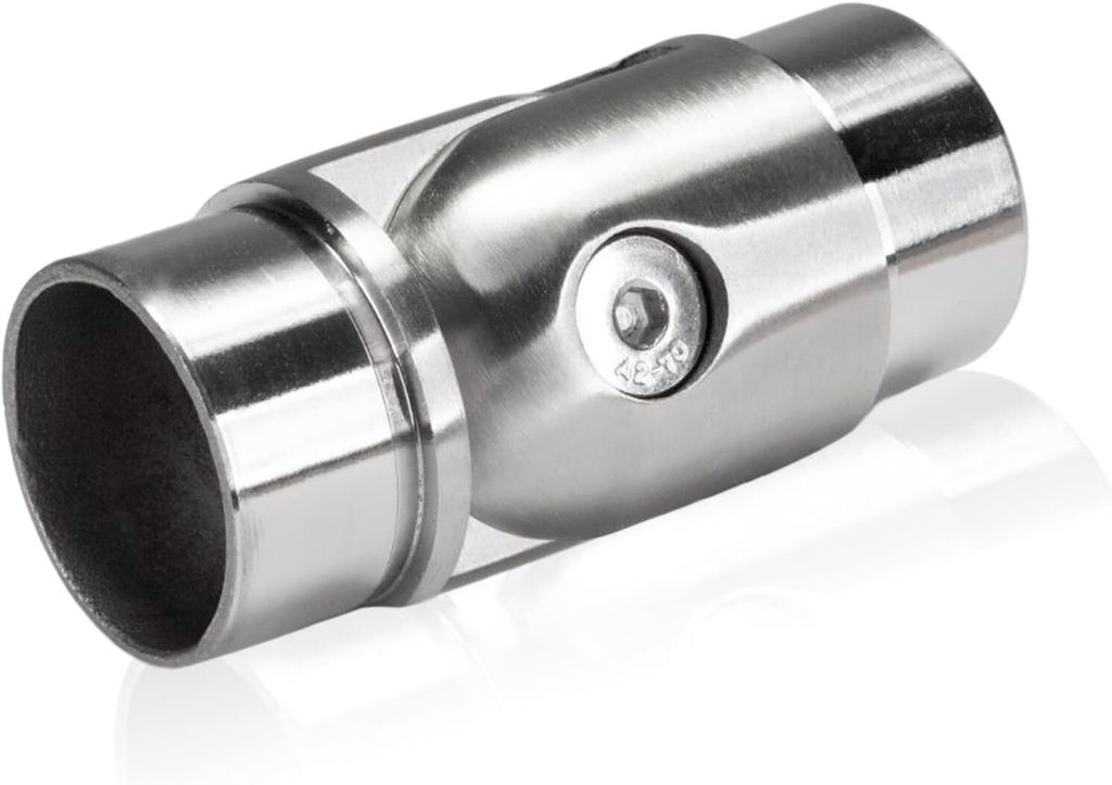 A close-up studio shot of a stainless steel pipe connector.