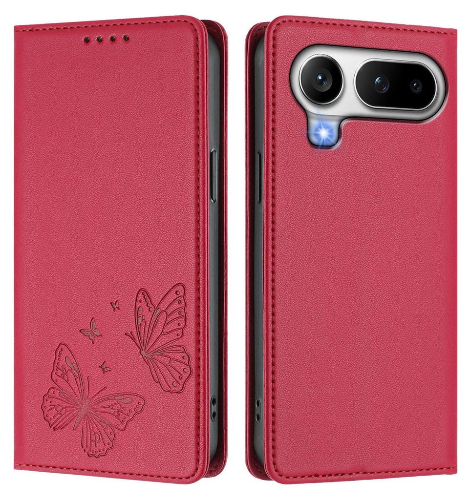Lederhülle für Honor Magic8 Pro Air, Schmetterling Prägung Leder Brieftasche Schutzhülle mit Ständer Rot