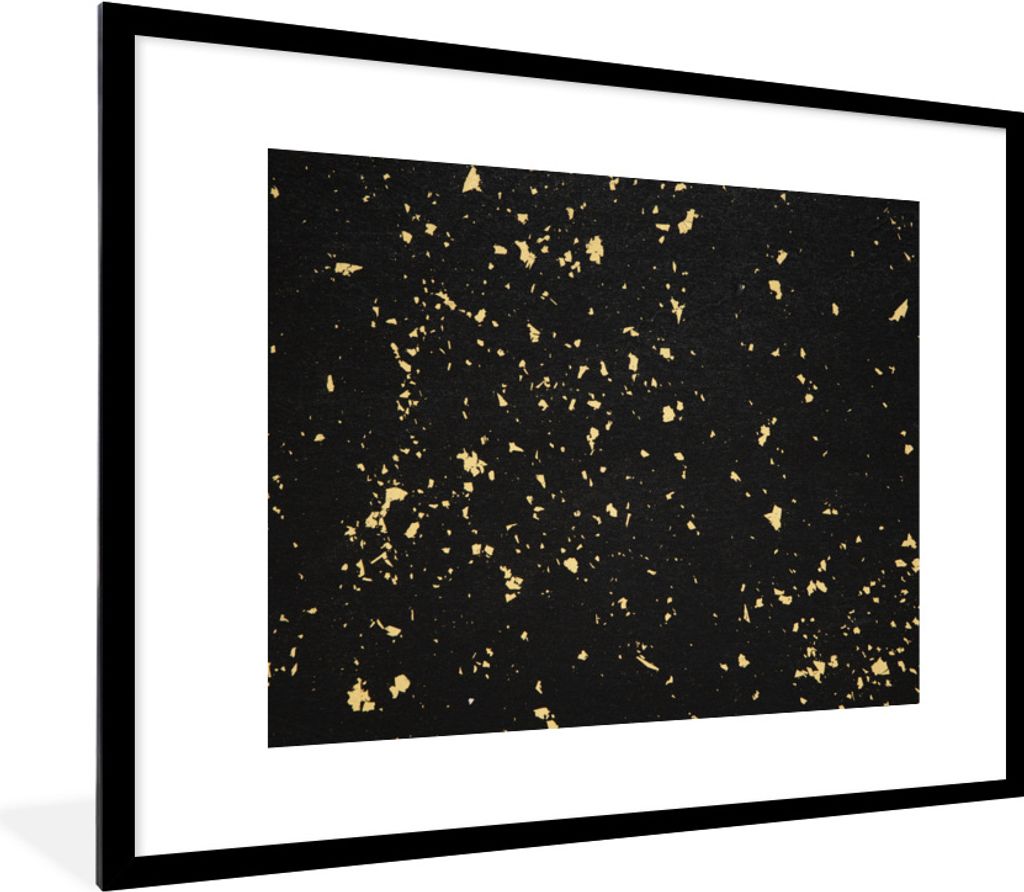 MuchoWow Gerahmtes Poster Goldene Flocken auf schwarzem Hintergrund 80x60 cm - Poster mit Schwarzem Bilderrahmen Wandposter Rahmen Foto Bilder - ...
