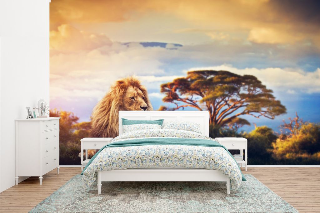 MuchoWow Fototapete für Wohnzimmer oder Schlafzimmer Wandtapete Vinyl Motivtapete Löwe - Gemälde - Afrika - 435x260 cm - Kinderzimmer