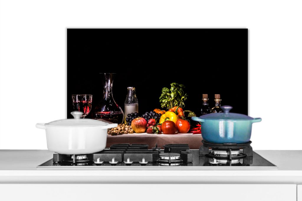 KitchenYeah Spritzschutz Küche - Küchenrückwand - Wandschutz für Herd und Spüle - Stilleben - Essen - Trinken - Obst - Schwarz 60x40 - Alu-D...
