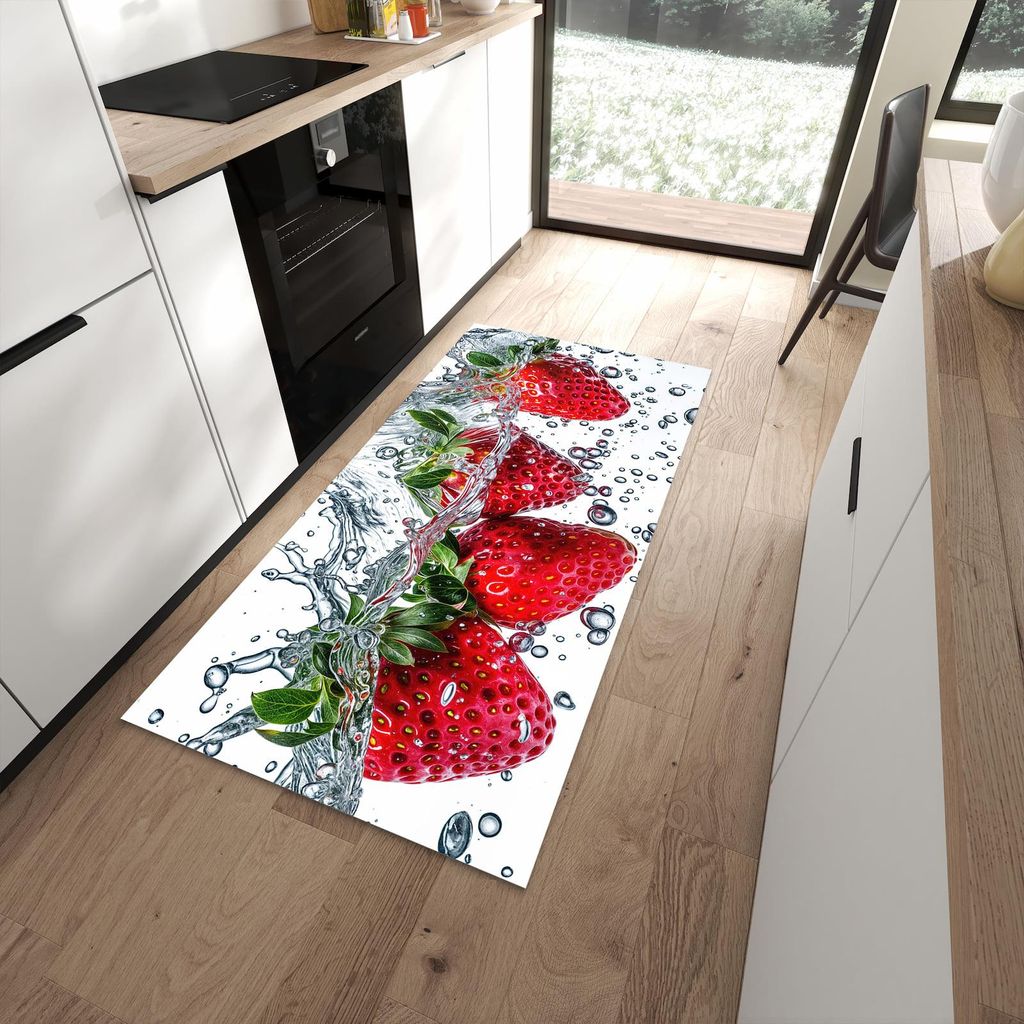 Küchenteppich 90x180cm rutschfest & abwischbar PVC Läufer - In Wasser Erdbeeren