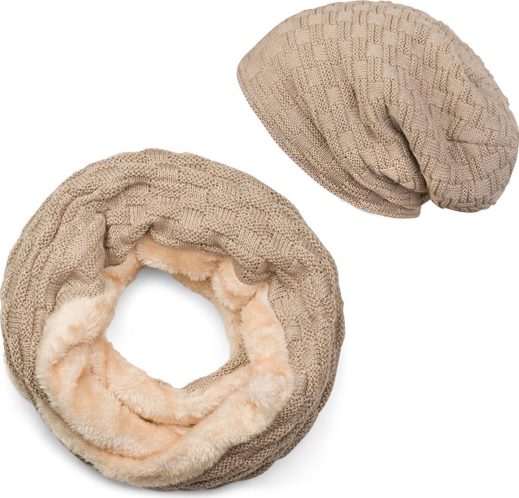styleBREAKER Strick Loop Schal und Beanie Mütze Set mit Flecht Muster, Fleece Innenfutter, Winter, Uni 01018211