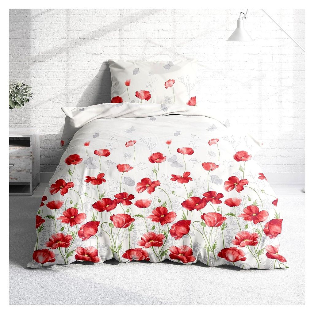 Bettwäsche 155x220 + 80x80 cm - Mohnblumen Design - Sommer Bettwäsche aus Baumwolle – Weich, Atmungsaktiv & Hautfreundlich - bügelfrei