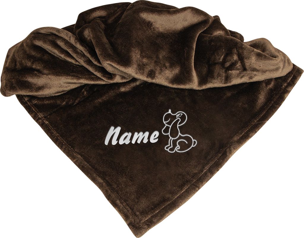 Schecker Mikrofaserdecke Premium Motiv: Hund mit Name Braun 150 cm x 95 cm bestickt mit dem Namen Ihres Hundes