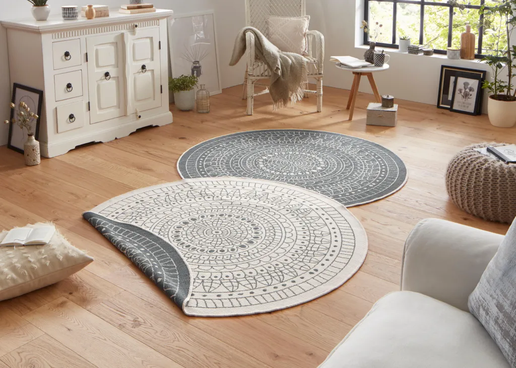 Tapis de Jardin Rond 200 cm Double Face Crème et Gris pour Terrasse - 2