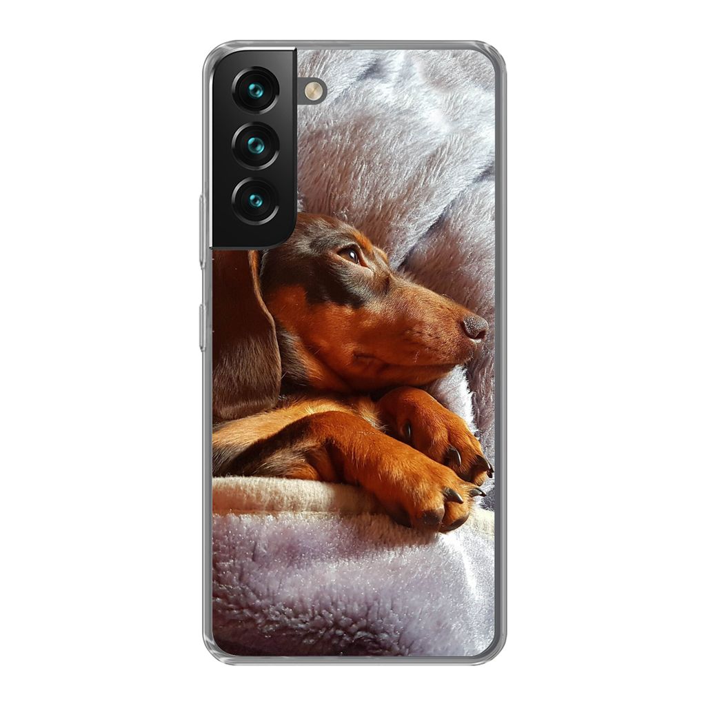 MuchoWow Handyhülle Schutzhülle Hülle für Samsung Galaxy S22 Niedlicher Dackel liegt unter der Bettdecke Silikon Softcase Handy Hülle - Mobi...