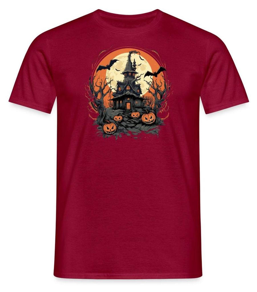 Spreadshirt Halloween Spukhaus Mit Kürbissen Und Vollmond Männer T-Shirt, 3XL, Ziegelrot