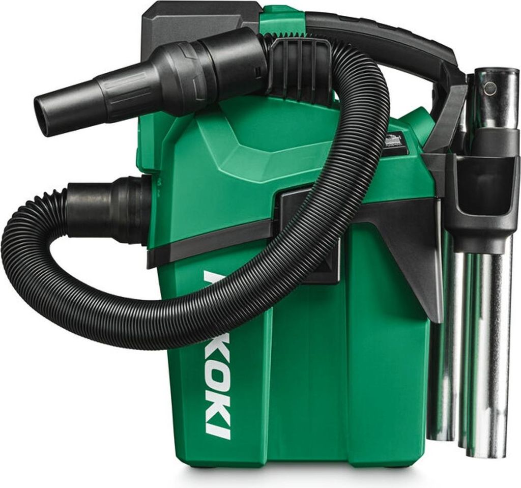 A green and black cordless wet and dry vacuum cleaner with accessories.