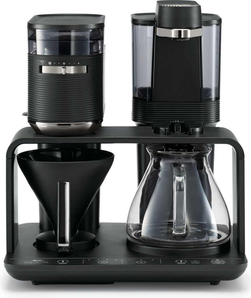 A black coffee machine with a grinder and carafe is shown against a white background.